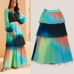 Marie Oliver Tiered Maxi Skirt in Borealis Multicolor Silk Size 6